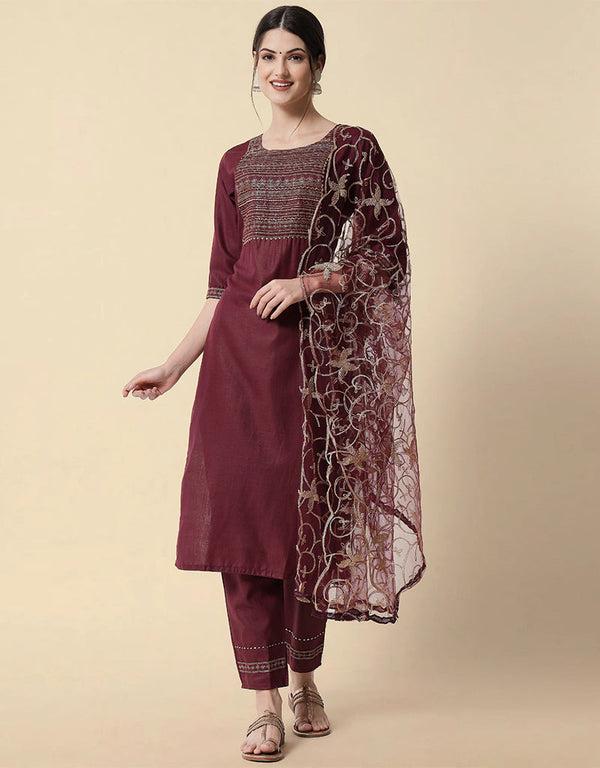 Traditional Function Wear Heavy Cotton Readymade Suit Purple Heavy Cotton Pant Straight Front View